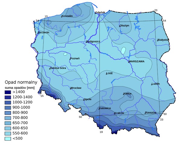 Roczne opady  deszczu w Polsce